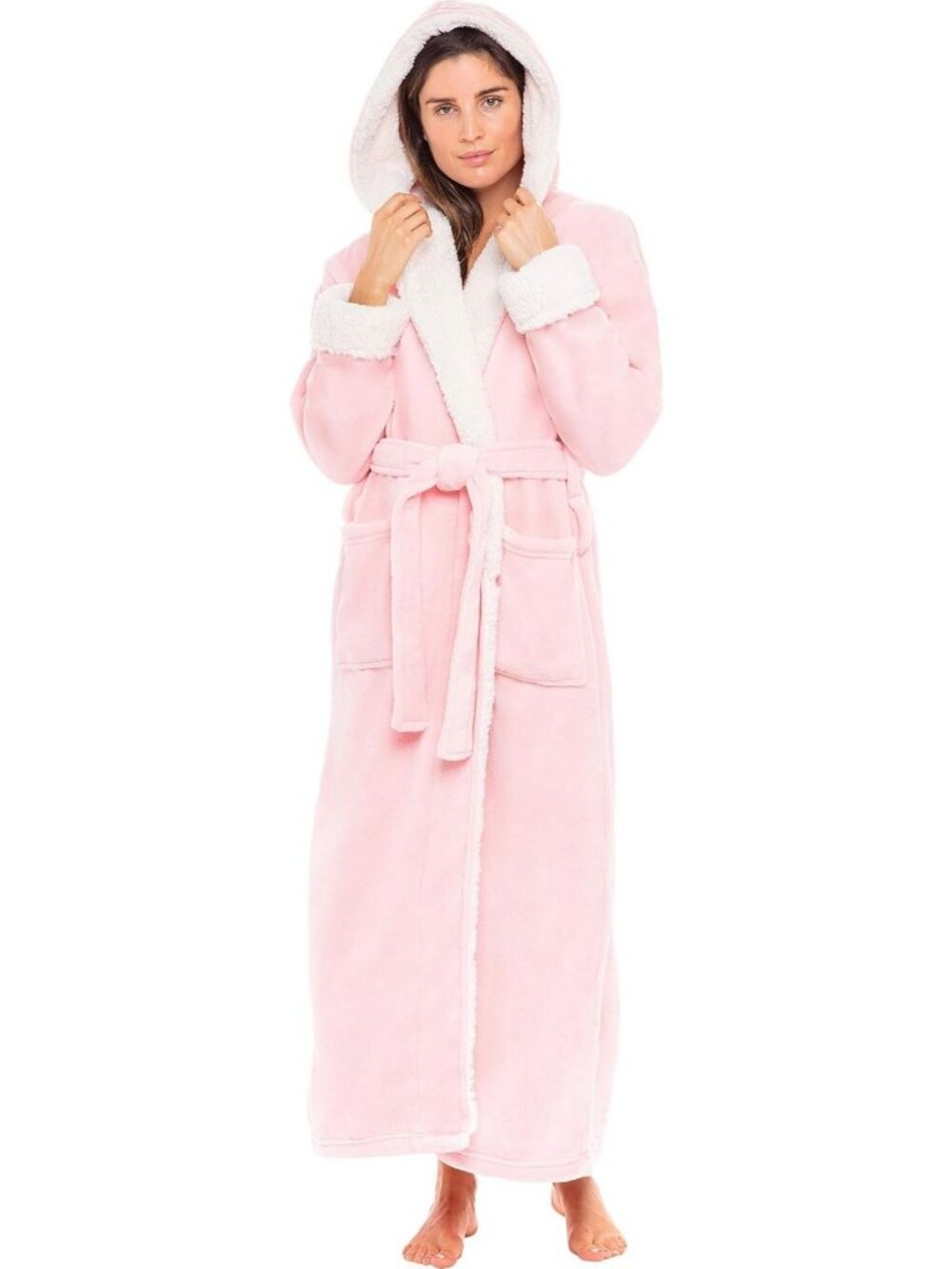 Cozy Women's Long Sleeve Hooded Sherpa Bathrobe | Full Length Lounge Wear